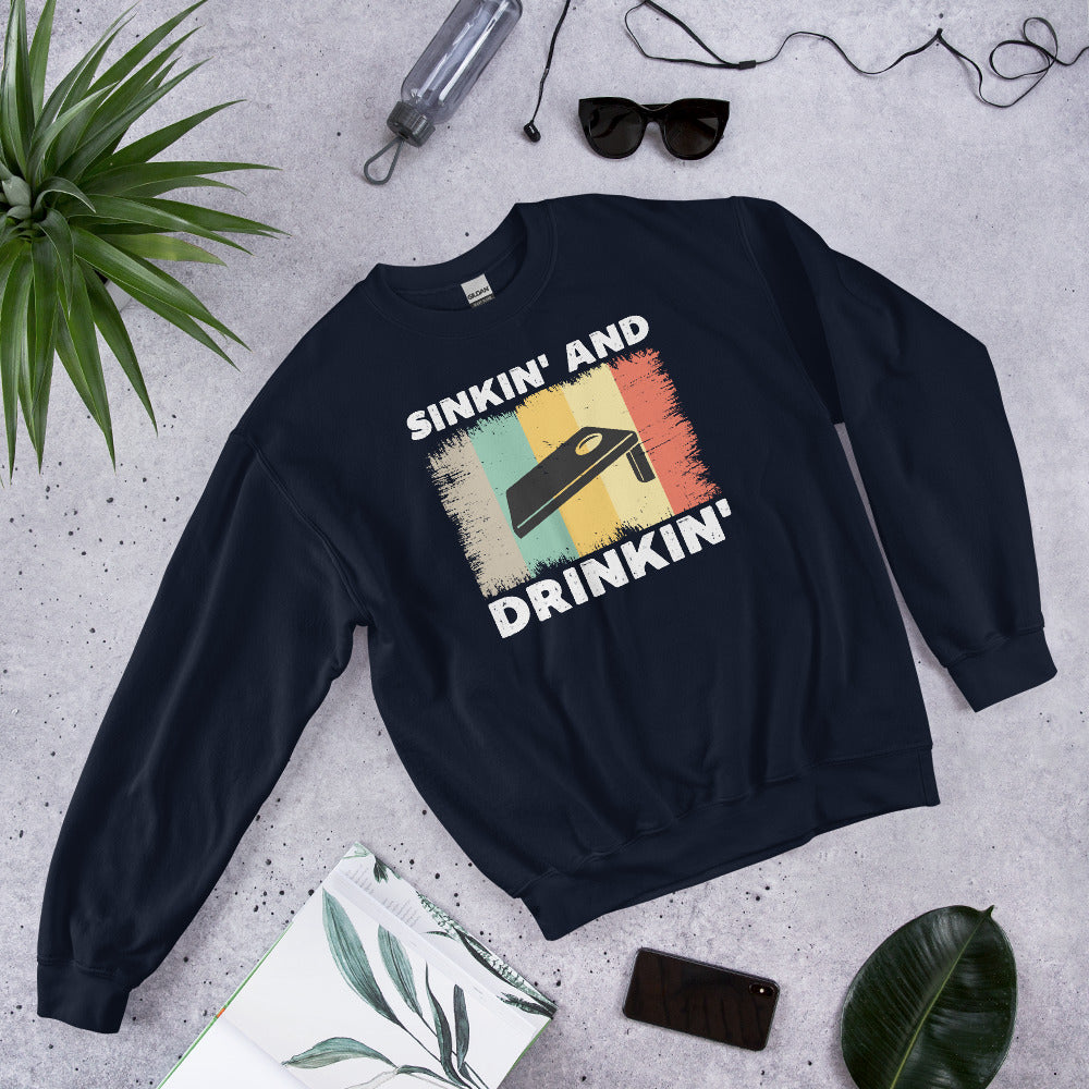 Sinking And Drinking Cornhole Shirt, Funny Cornhole Sweatshirt, Corn Hole Team Gifts, Vintage Cornhole Board Tournament, Bean Bag Toss - Madeinsea©