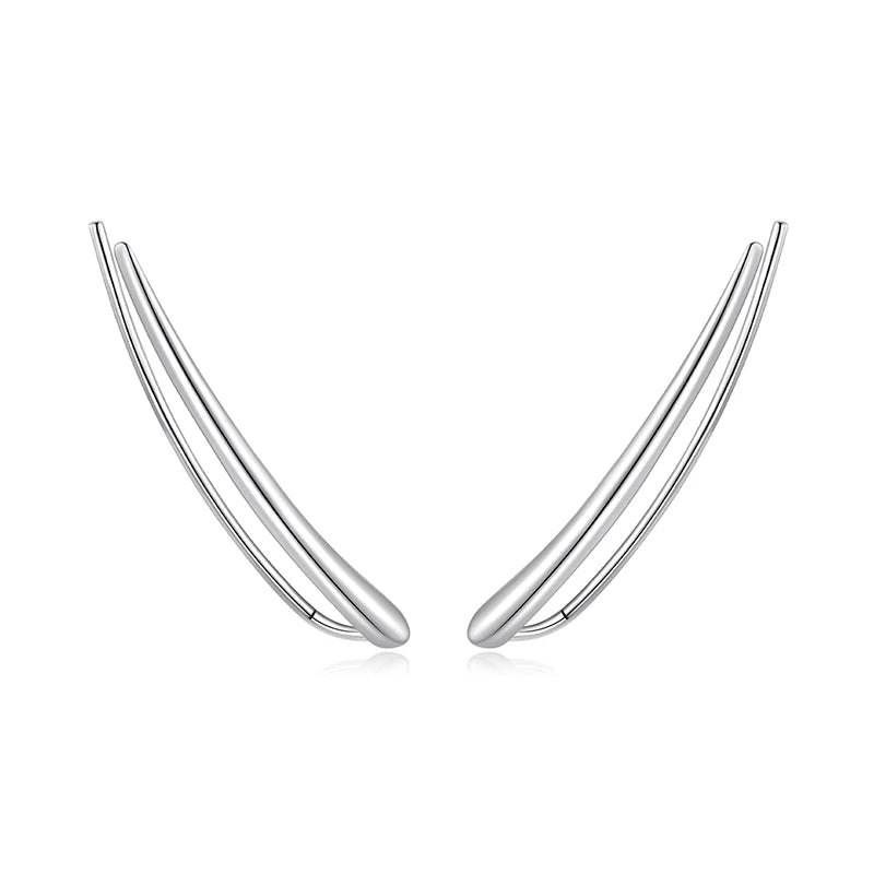 WOSTU Geometric earrings For Women 925 Sterling Silver Curved Long Stud Earrings Thin Minimalist Bar Ear Cuff Crawler Earrings