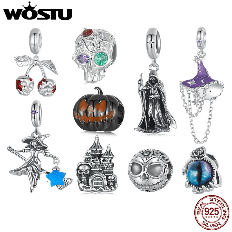 WOSTU 925 sterling silver Luminous Pumpkin Charms Elf Witch Pendant Devil's Eye Skull Beads Fit DIY Bracelet Necklace Halloween