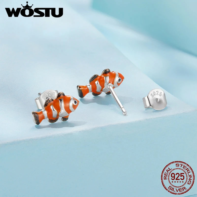 WOSTU Real 925 Sterling Silver Ocean Jewelry Colorful Fish Stud Earring For Women Girl Daugther Party Holiday Jewlery Gift