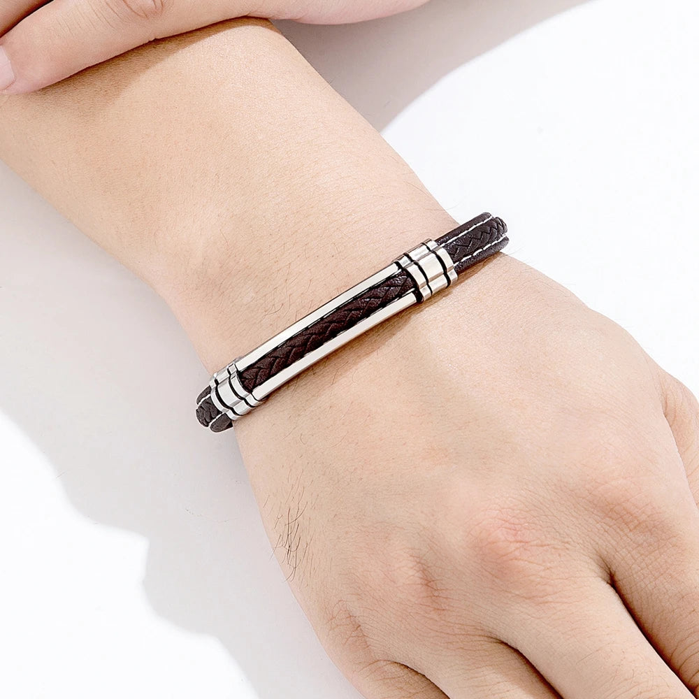 TYO Fashion Woven Genuine Leather Metal Stainless Steel Safety Buckle Bracelet Men Bangle Accessory Daily Wear Gift Dropshipping