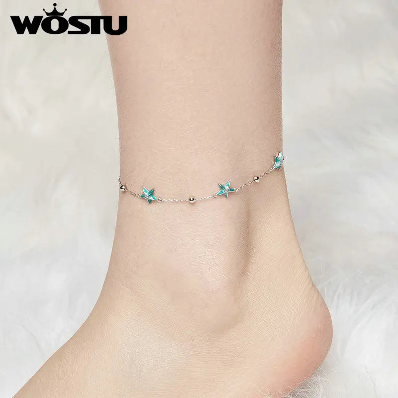 WOSTU 925 Sterling Silver Blue-green Starfish Anklet White Gold Plated Adjustable for Women Fine Jewelry Party Daily Gift
