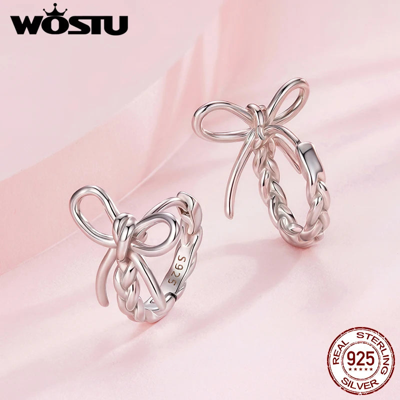 WOSTU 925 Sterling Silver Classical Bowknot Hoop Earrings For Women Sweet 18K Gold Bow Knot Ear Hoops Buckles Girl Birthday Gift