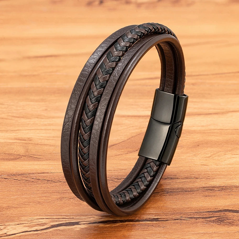 TYO Minimalist Men Bracelet 6 Colors Leather Multi-layer Stainless Steel Magnetic Clasp Accessories Simple Jewelry Bangle Gift