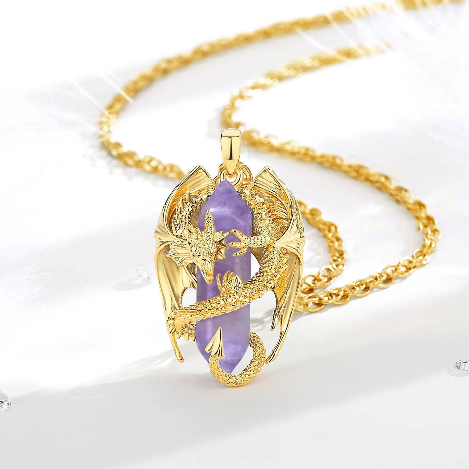 Eudora Dragon Twining Hexagonal Amethyst Prismatic Necklace Punk Natural Healing Stone Amethyst Pendant Jewelry Women Man Gift
