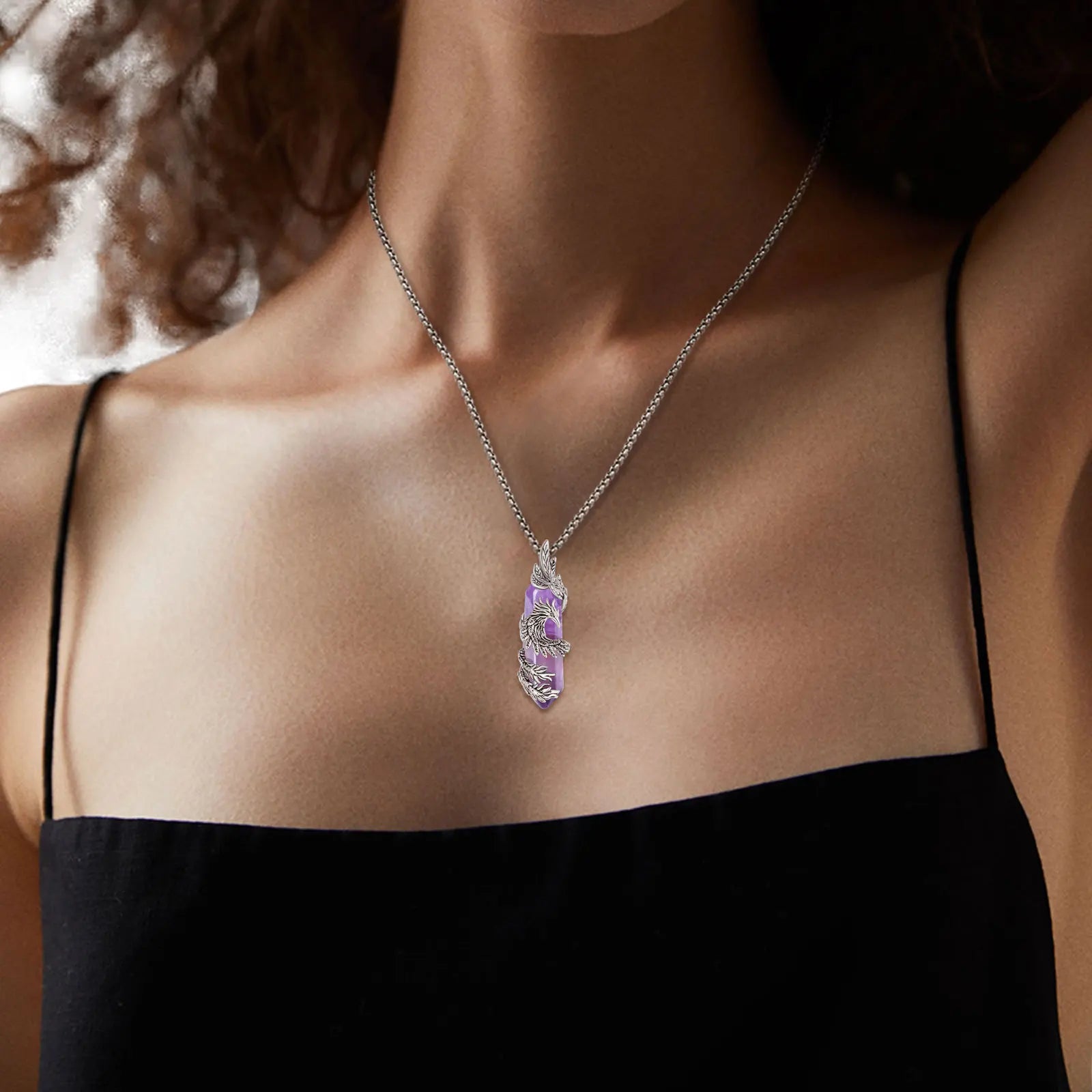 Eudora Phoenix Twining Hexagonal Amethyst Prismatic Necklace Natural Healing Stone Crystal Pendant Spiritual Jewelry Women Gift