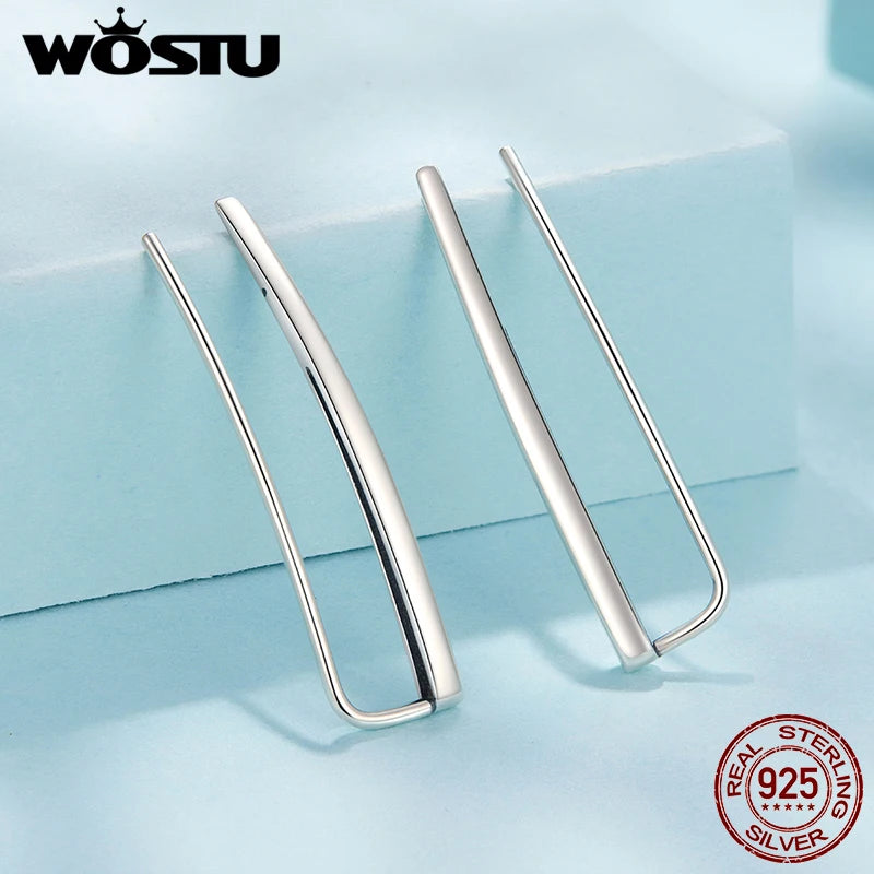 WOSTU Geometric earrings For Women 925 Sterling Silver Curved Long Stud Earrings Thin Minimalist Bar Ear Cuff Crawler Earrings