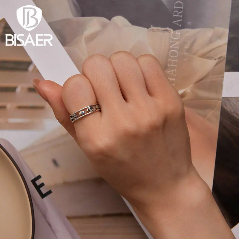 BISAER 925 Sterling Silver Blue Evil Eyes & Hand Fatima Ring Hollow Symbol Lucky Band For Women Party Original Fine Jewelry Gift