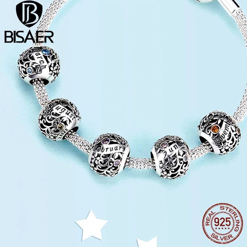 BISAER 925 Sterling Silver Birthstone Charms Multi-color Zircon Round Beads Fit Women Birthday Party Bracelets DIY Jewelry Gift