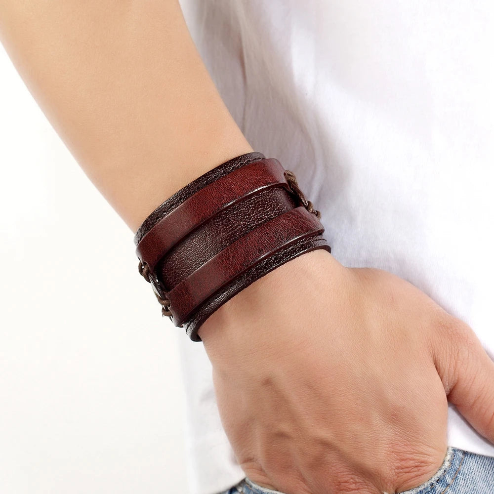 TYO High Quality Black Brown Leather Bracelet Stainless Steel Double Safety Clasps Bandage Design Men Bangles Male Birthday Gift