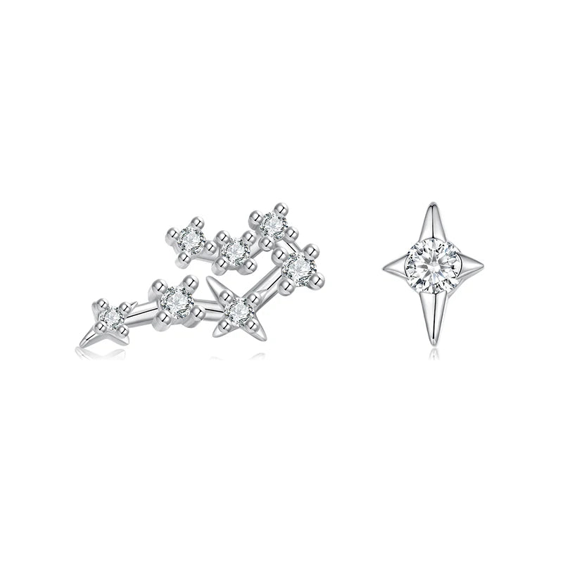 WOSTU 925 Sterling Silver Zircon Constellation Horoscope Stud Earrings For Women Asymmetrical Colorful Ear Studs Party Jewelry