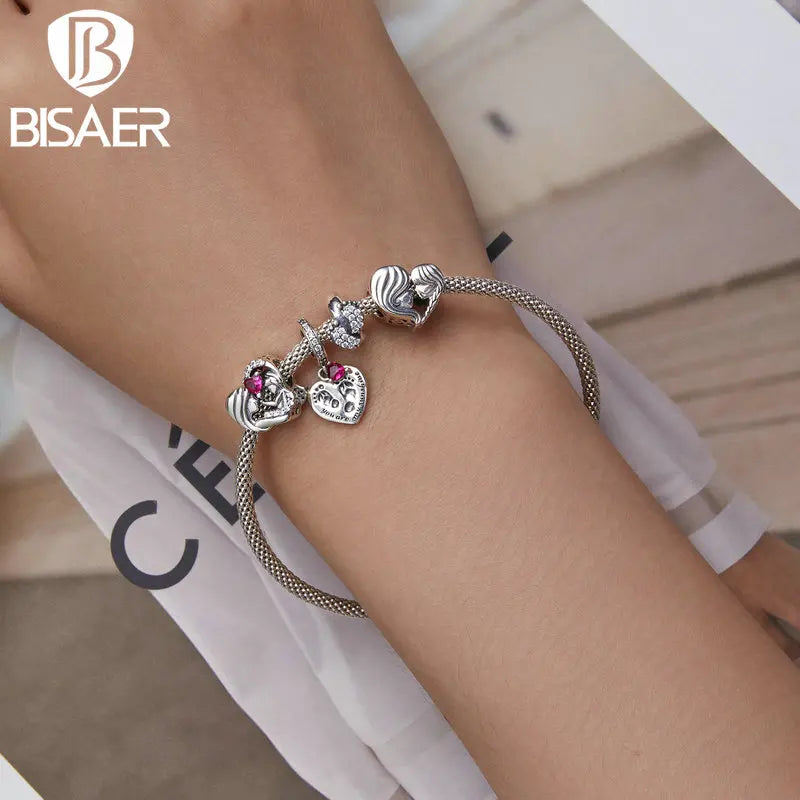BISAER Pendentif en forme de cœur en argent sterling 925 avec breloque en forme de rose rouge pour la fête des mères, bracelet, collier, bijoux fins à faire soi-même, cadeau