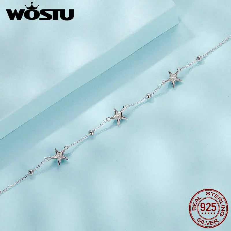 WOSTU 925 Sterling Silver Blue-green Starfish Anklet White Gold Plated Adjustable for Women Fine Jewelry Party Daily Gift