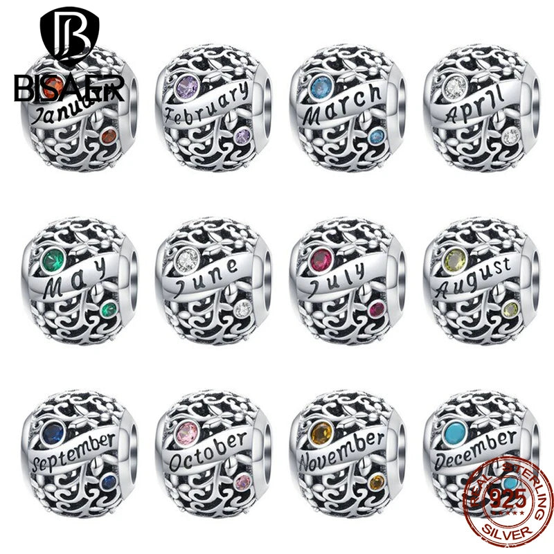 BISAER 925 Sterling Silver Birthstone Charms Multi-color Zircon Round Beads Fit Women Birthday Party Bracelets DIY Jewelry Gift