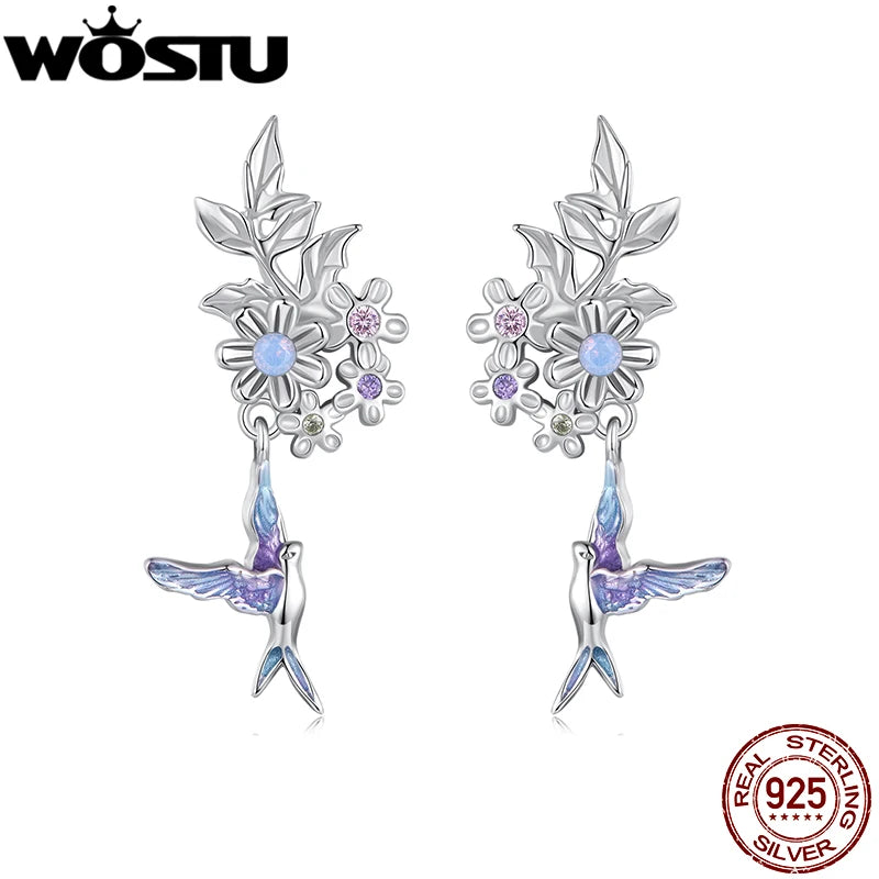 WOSTU 925 Sterling Silver Purple Flower & bird Stud Earrings For Women Spring Jewelry Gift For Family Daughter Girl Mom CQE1863