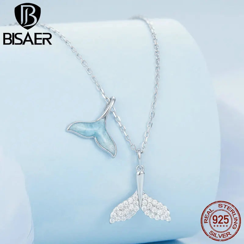 Collier pendentif queue de baleine bleue en argent sterling 925 BISAER chaîne animal océan plaqué platine pour femmes bijoux de fête de plage