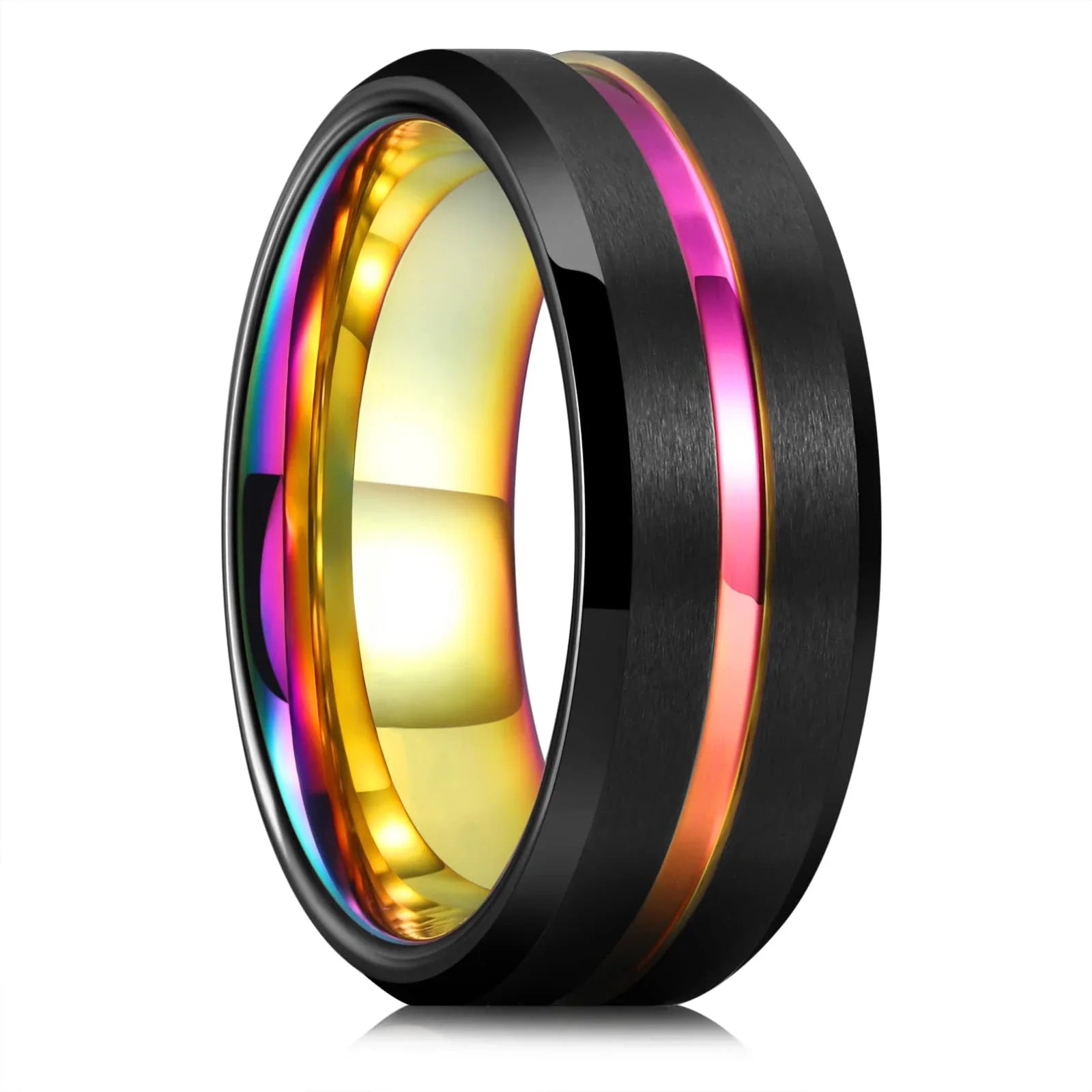 Trendy 8mm Men Frosted Stainless Steel Rings Silver Color Brushed Groove Beveled Edge Engagement Rings For Men Wedding Jewelry