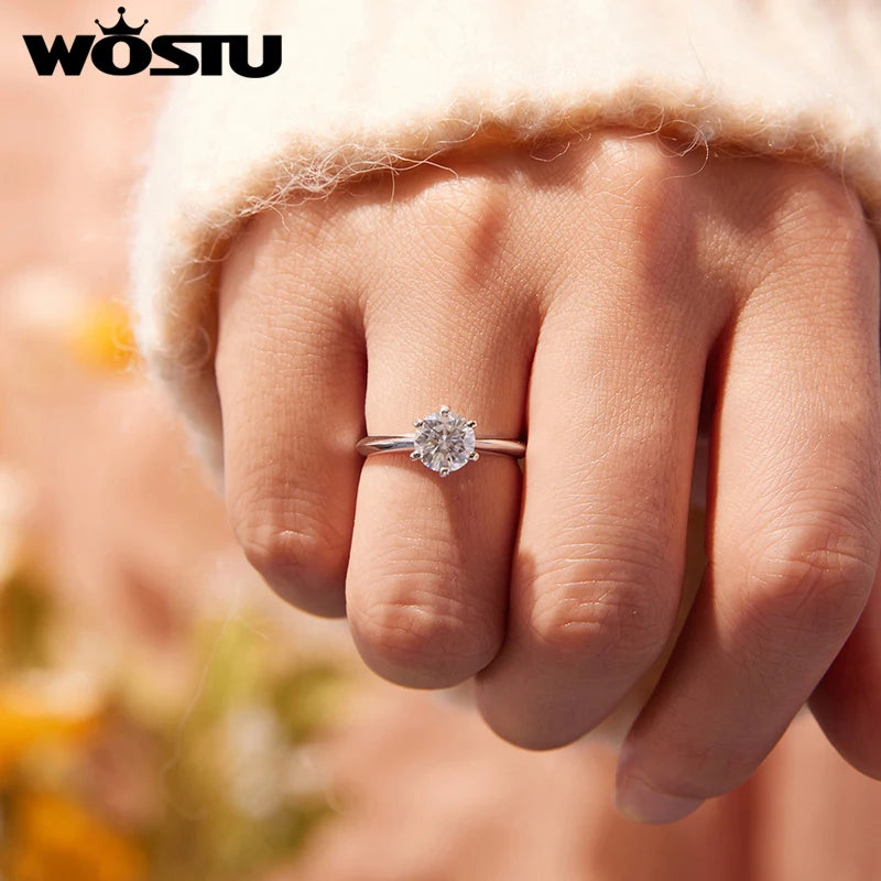 WOSTU 1 CT Moissanite Solitaire Engagement Ring for Women 925 Silver Classic Wedding Promise Ring Statement Jewelry Lover Gift