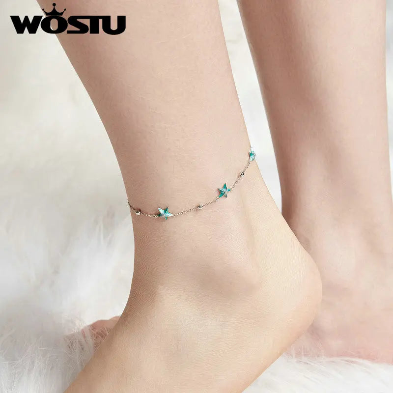WOSTU 925 Sterling Silver Blue-green Starfish Anklet White Gold Plated Adjustable for Women Fine Jewelry Party Daily Gift