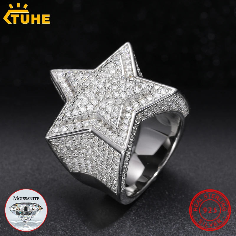 Fine Jewelry VVS1 With Certificate Moissanite Star Rings For Men 925 Sterling Silver Moissanite Rings Hip Hop Jewelry