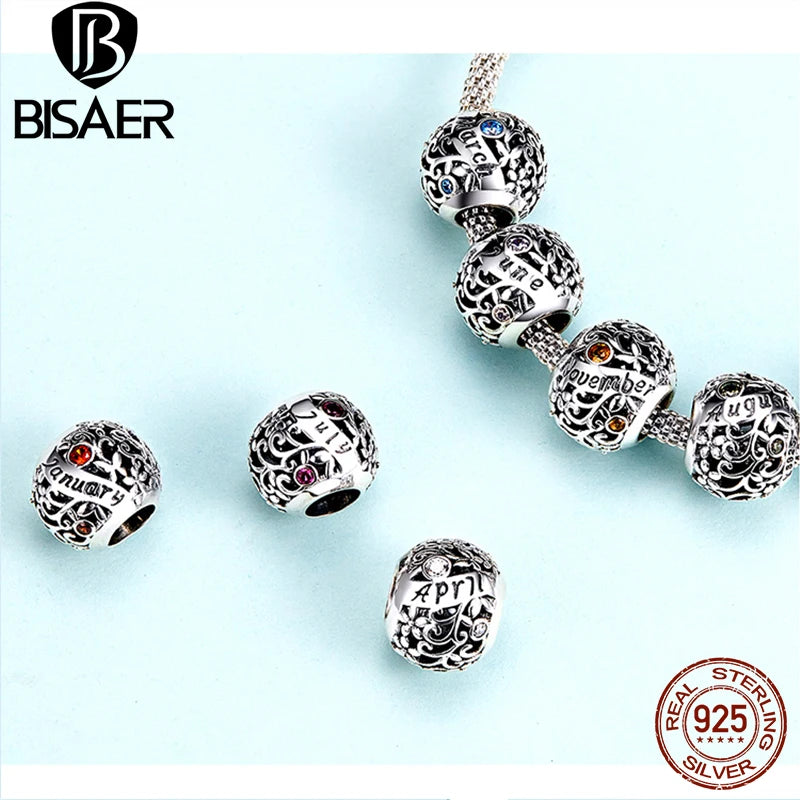 BISAER 925 Sterling Silver Birthstone Charms Multi-color Zircon Round Beads Fit Women Birthday Party Bracelets DIY Jewelry Gift