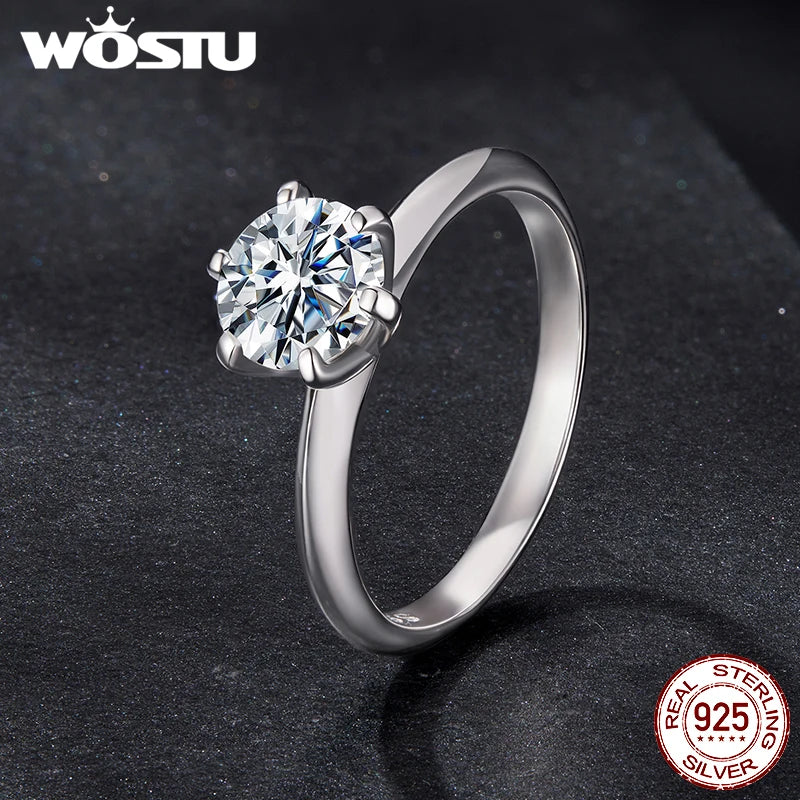 WOSTU 1 CT Moissanite Solitaire Engagement Ring for Women 925 Silver Classic Wedding Promise Ring Statement Jewelry Lover Gift