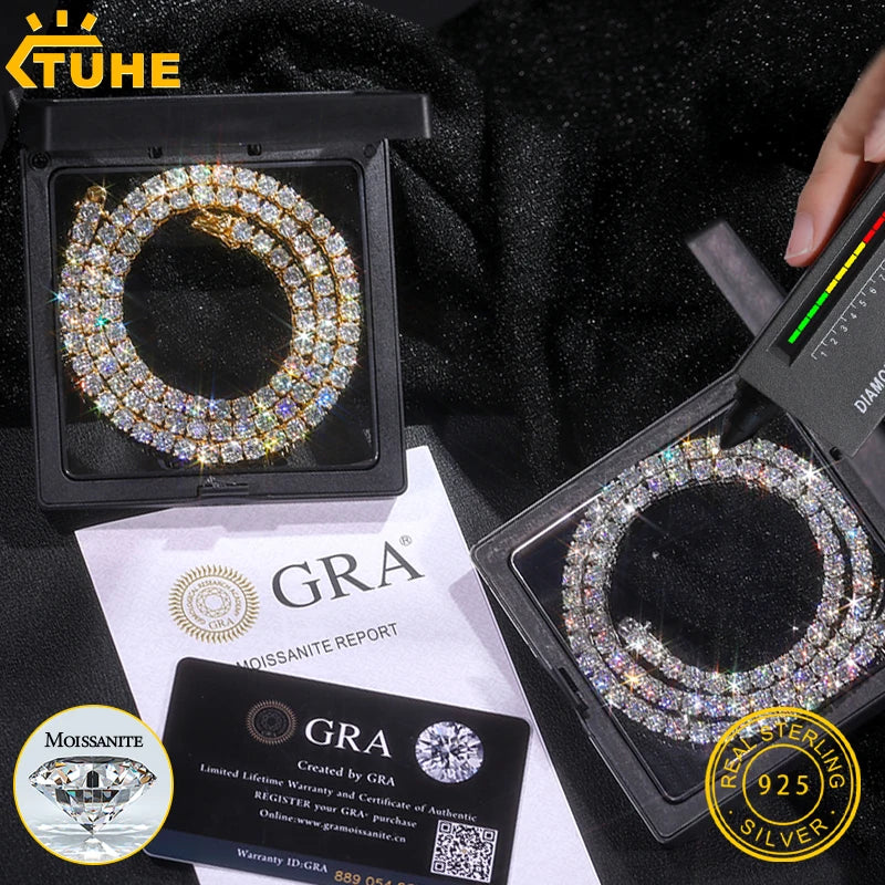 TUHE Unisex 2mm-2.5mm-3mm VVS1 Moissanite Tennis Necklace S925 Silver Diamond Necklaces For Men Women Pass Diamonds Test - Madeinsea©