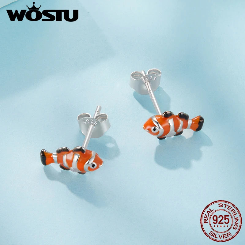 WOSTU Real 925 Sterling Silver Ocean Jewelry Colorful Fish Stud Earring For Women Girl Daugther Party Holiday Jewlery Gift