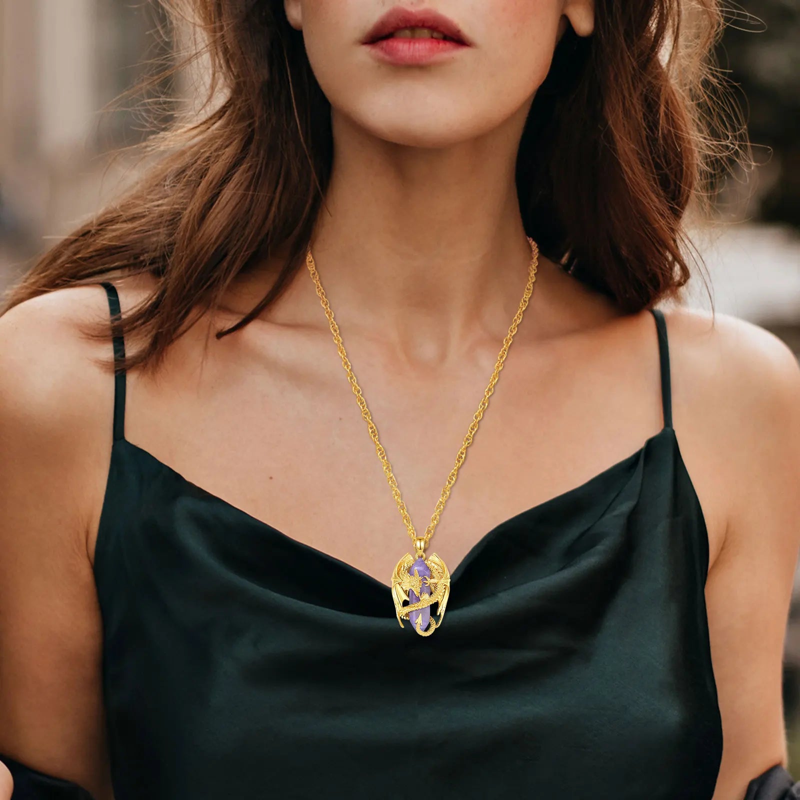 Eudora Dragon Twining Hexagonal Amethyst Prismatic Necklace Punk Natural Healing Stone Amethyst Pendant Jewelry Women Man Gift