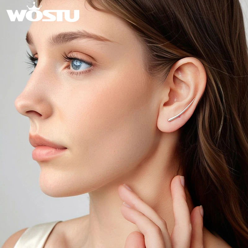 WOSTU Geometric earrings For Women 925 Sterling Silver Curved Long Stud Earrings Thin Minimalist Bar Ear Cuff Crawler Earrings