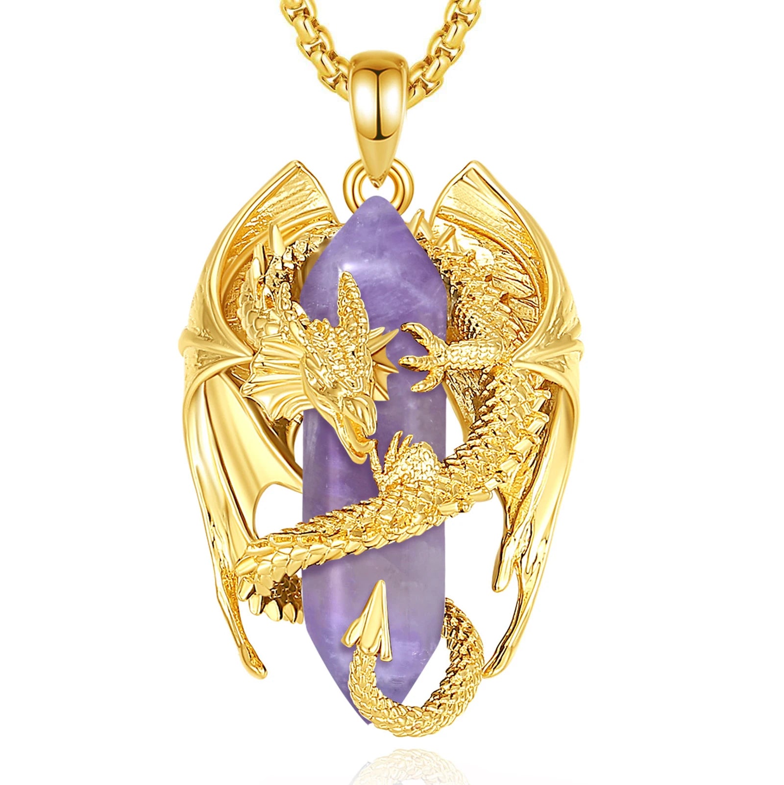 Eudora Dragon Twining Hexagonal Amethyst Prismatic Necklace Punk Natural Healing Stone Amethyst Pendant Jewelry Women Man Gift