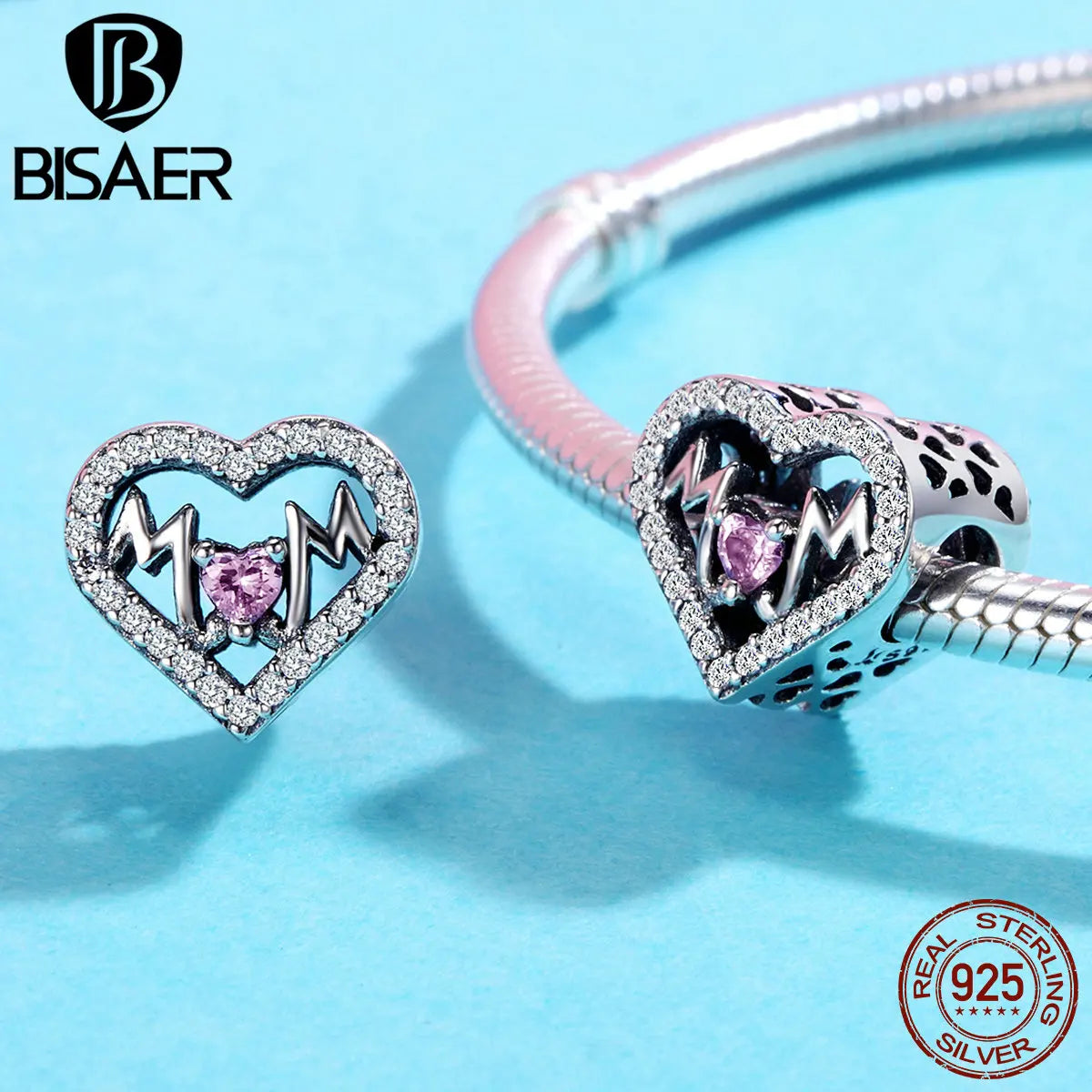 BISAER 925 Sterling Silber Familie Herz Anhänger Mom Charms Bead Fit Frauen Armband &amp; Halskette DIY Edlen Schmuck Muttertag geschenk