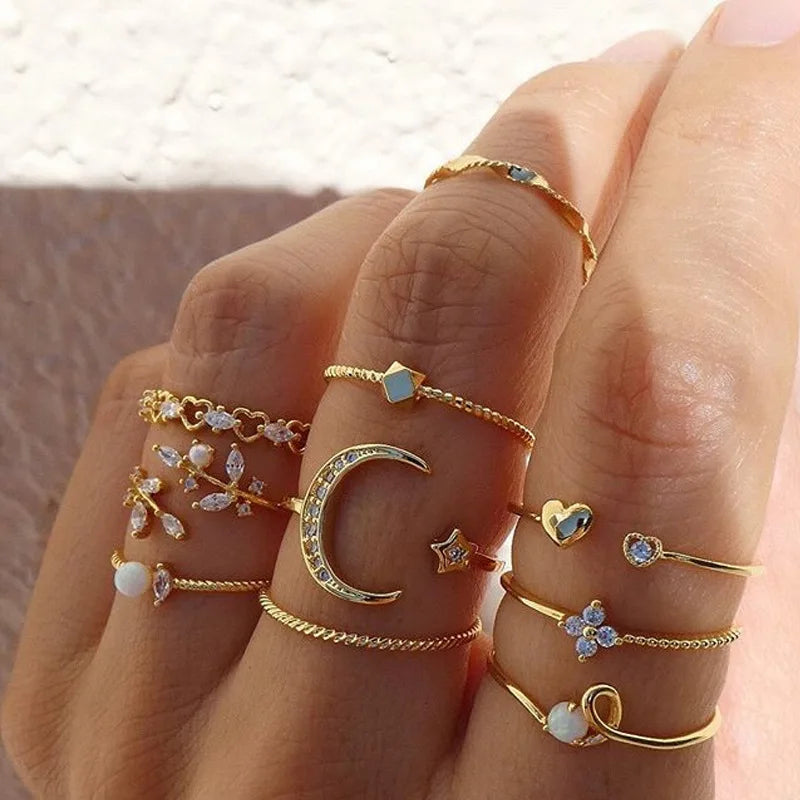 8Pcs/set Fashion Boho Crystal Joint Ring Set For Women Geometric Knuckle Finger Rings Female Bohemia Wedding Party Jewelry Gifts