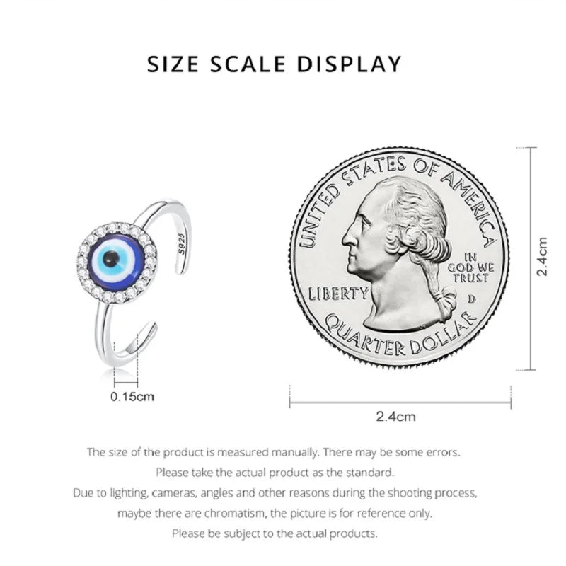 BISAER 925 Sterling Sliver Blue Evil Eye Open Ring Resin Eternity Band Adjustable Lucky Protection For Women Party Jewelry Fine