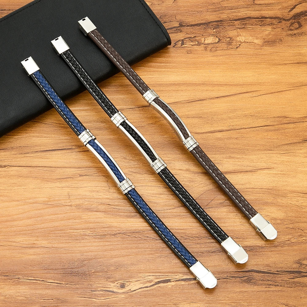 TYO Fashion Woven Genuine Leather Metal Stainless Steel Safety Buckle Bracelet Men Bangle Accessory Daily Wear Gift Dropshipping