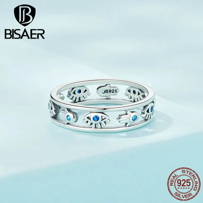 BISAER 925 Sterling Silver Blue Evil Eyes & Hand Fatima Ring Hollow Symbol Lucky Band For Women Party Original Fine Jewelry Gift