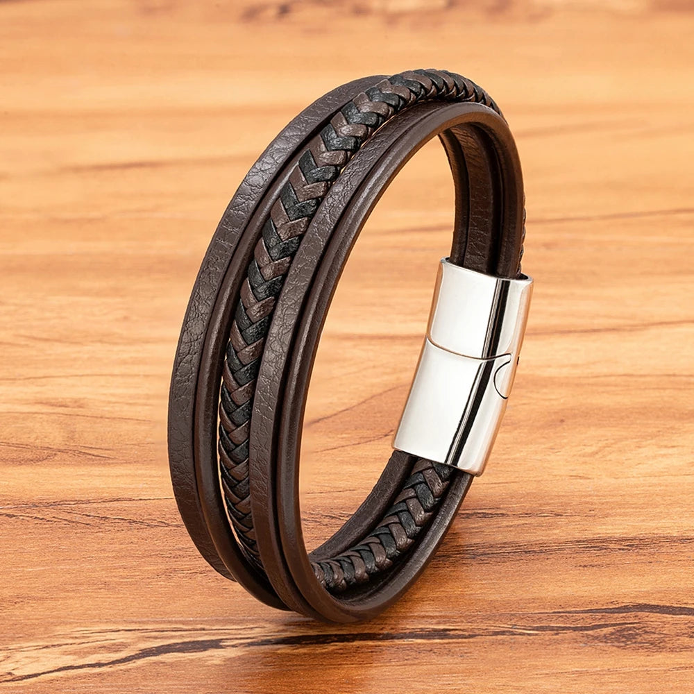 TYO Minimalist Men Bracelet 6 Colors Leather Multi-layer Stainless Steel Magnetic Clasp Accessories Simple Jewelry Bangle Gift