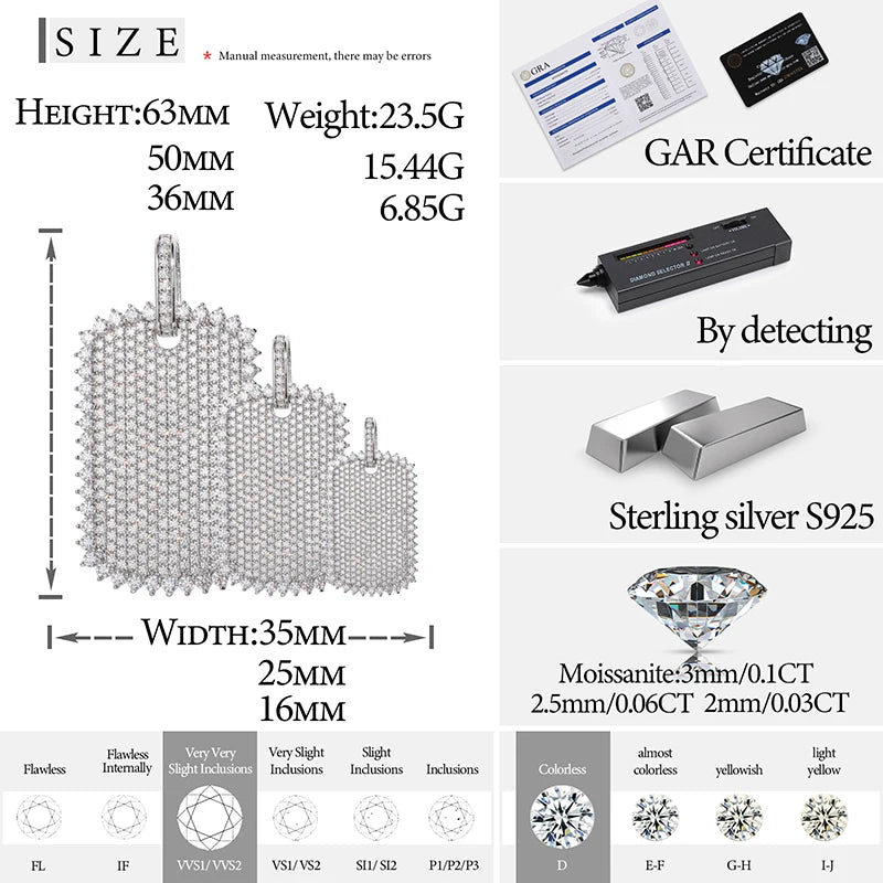 Full Moissanite Luxury Square Pendant Necklace For Men Hip Hop Jewelry