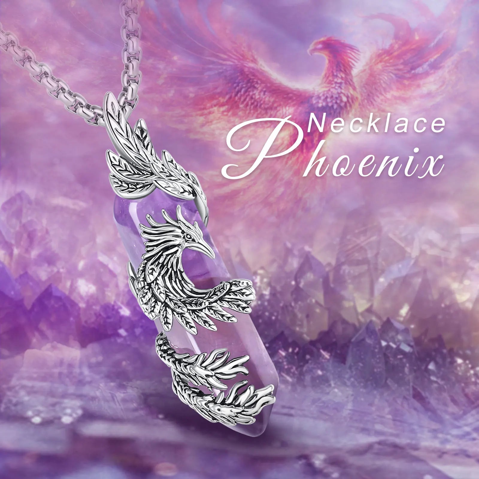 Eudora Phoenix Twining Hexagonal Amethyst Prismatic Necklace Natural Healing Stone Crystal Pendant Spiritual Jewelry Women Gift
