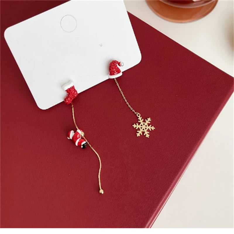 Moving Santa Claus Tassel Dangle Earrings For Women Christmas Tree Snowflake Asymmetric Long Chain Earring New Year Jewelry Gift
