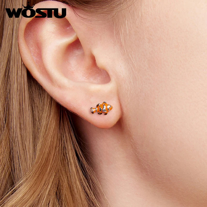 WOSTU Real 925 Sterling Silver Ocean Jewelry Colorful Fish Stud Earring For Women Girl Daugther Party Holiday Jewlery Gift