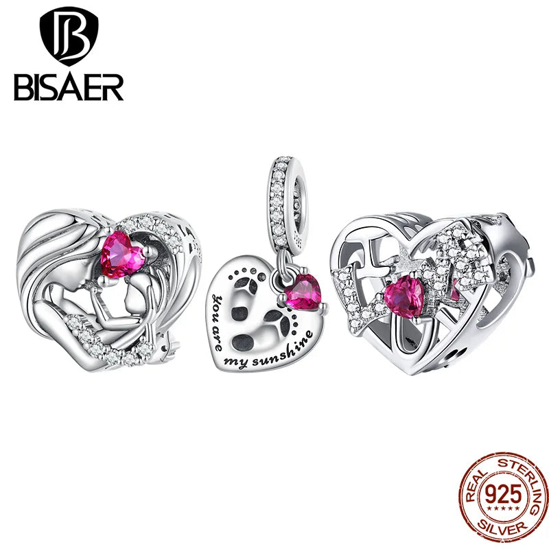 BISAER Pendentif en forme de cœur en argent sterling 925 avec breloque en forme de rose rouge pour la fête des mères, bracelet, collier, bijoux fins à faire soi-même, cadeau