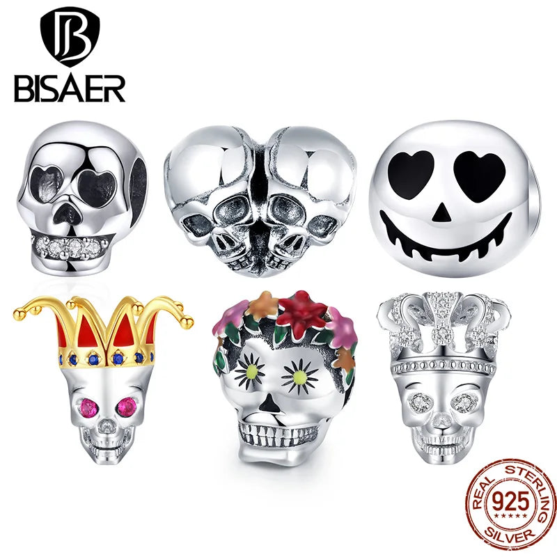 BISAER Pendentif tête de mort en argent sterling 925 avec breloque en forme de fantôme pour bracelets et colliers, fête d'Halloween, bijoux fins à faire soi-même