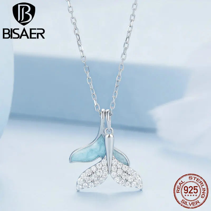 Collier pendentif queue de baleine bleue en argent sterling 925 BISAER chaîne animal océan plaqué platine pour femmes bijoux de fête de plage