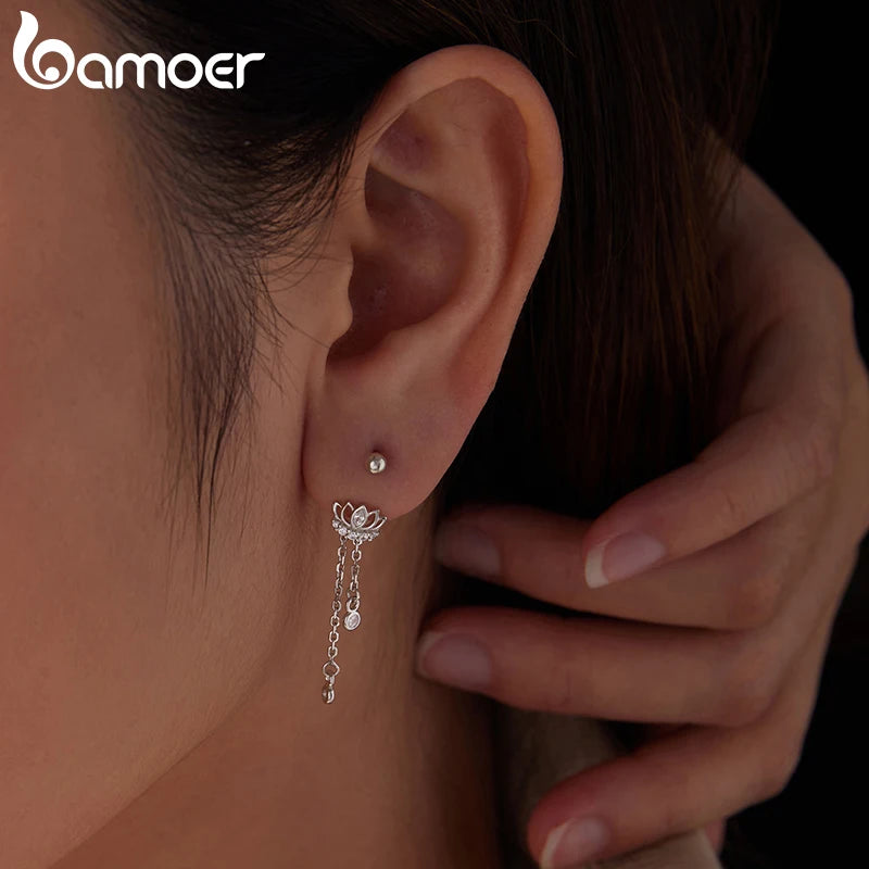 BAMOER 925 Sterling Silver Lotus Tassel Stud Earrings Teardrop Beads Link Hook Earrings for Women Teens Elegant Jewelry Decor