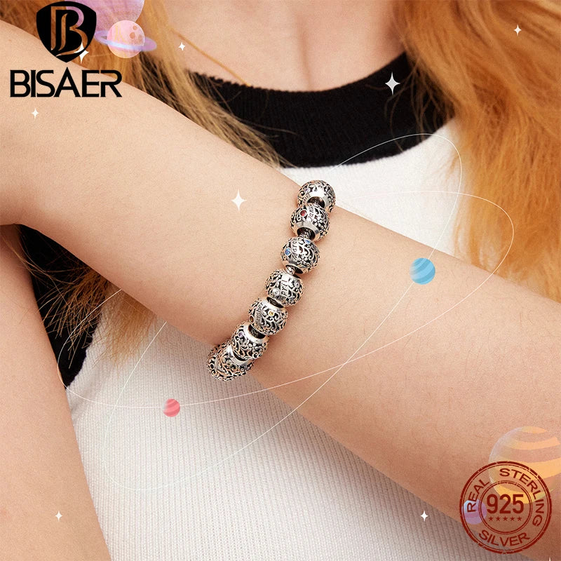 BISAER 925 Sterling Silver Birthstone Charms Multi-color Zircon Round Beads Fit Women Birthday Party Bracelets DIY Jewelry Gift
