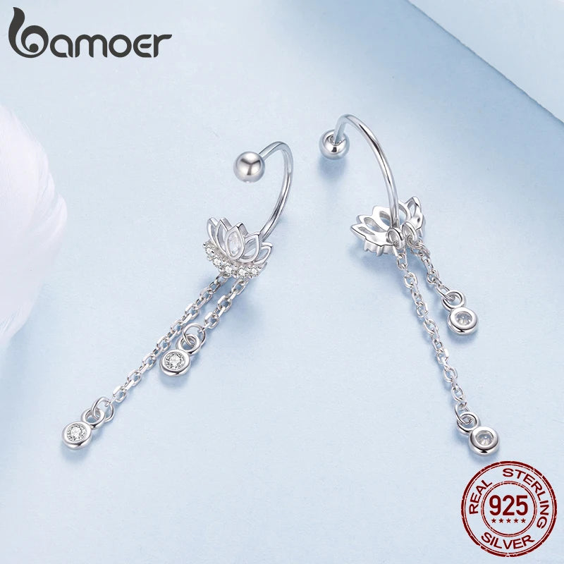 BAMOER 925 Sterling Silver Lotus Tassel Stud Earrings Teardrop Beads Link Hook Earrings for Women Teens Elegant Jewelry Decor