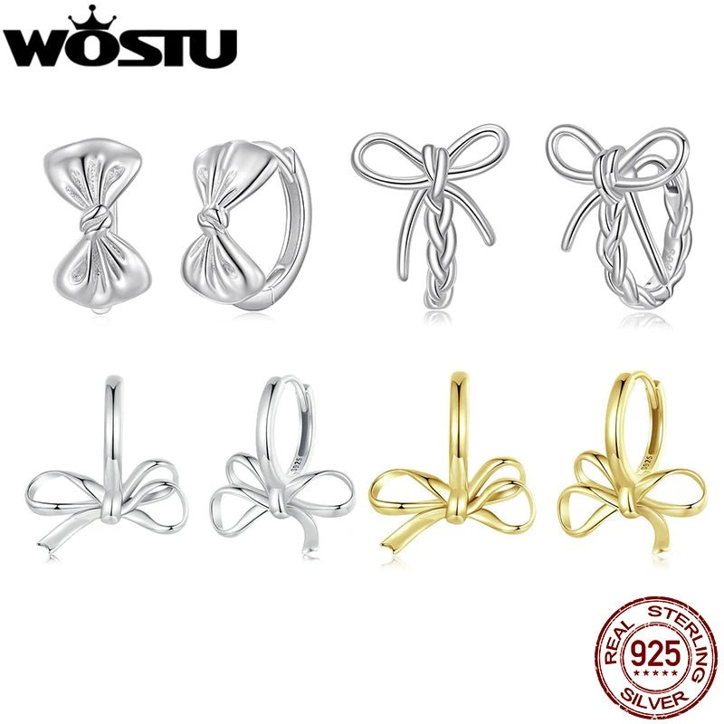 WOSTU 925 Sterling Silver Classical Bowknot Hoop Earrings For Women Sweet 18K Gold Bow Knot Ear Hoops Buckles Girl Birthday Gift