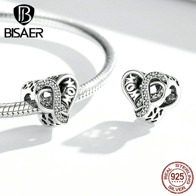 BISAER 925 Sterling Silber Familie Herz Anhänger Mom Charms Bead Fit Frauen Armband &amp; Halskette DIY Edlen Schmuck Muttertag geschenk