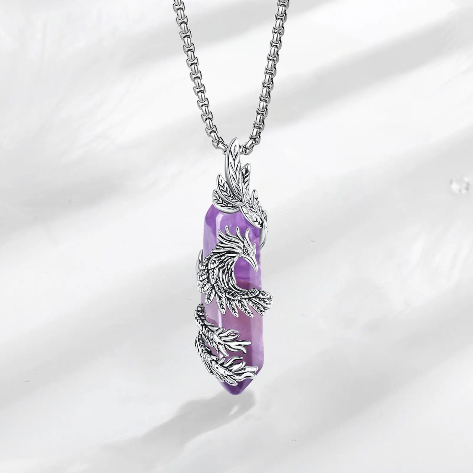 Eudora Phoenix Twining Hexagonal Amethyst Prismatic Necklace Natural Healing Stone Crystal Pendant Spiritual Jewelry Women Gift